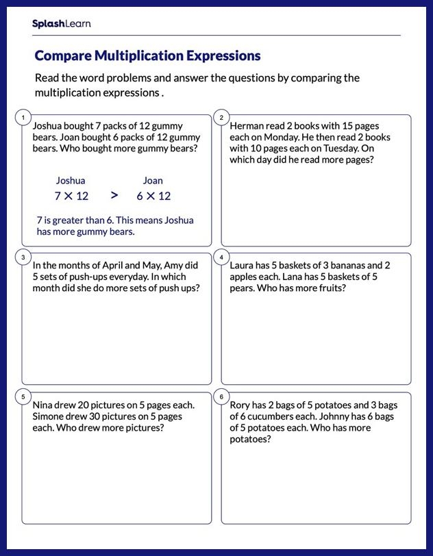 Multiplication and Comparison Practice Worksheet 14 for Elementary Math Skills Third grade multiplication and comparison worksheet with equations for students to identify which multiplication problem has the greater value