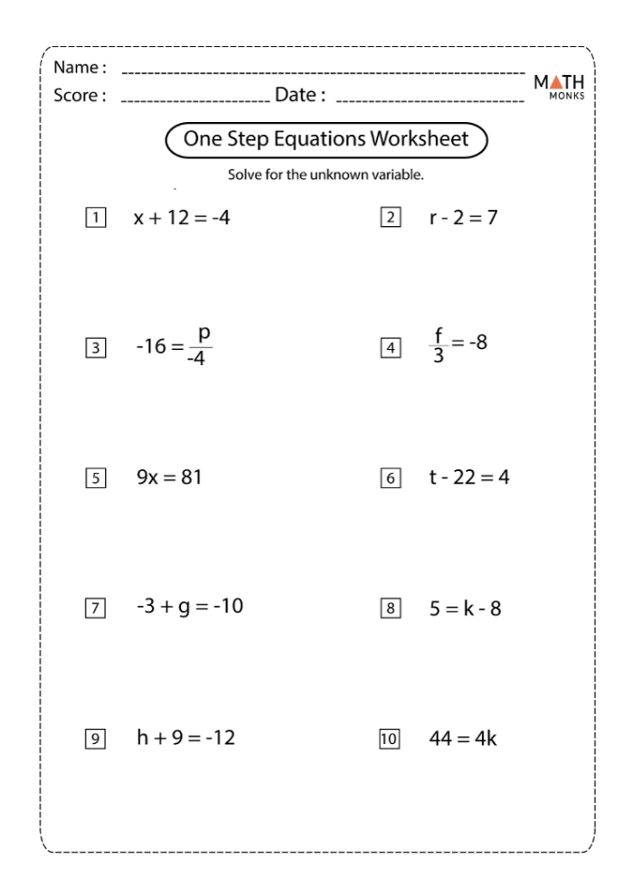 Sixth grade math worksheet for practicing one-step multiplication and division equation solving