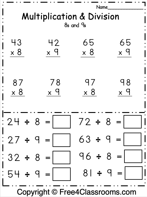 Multiplication and Division Practice Worksheet for Fourth Grade Number 19 Fourth grade student practicing multiplication and division equations on a math worksheet