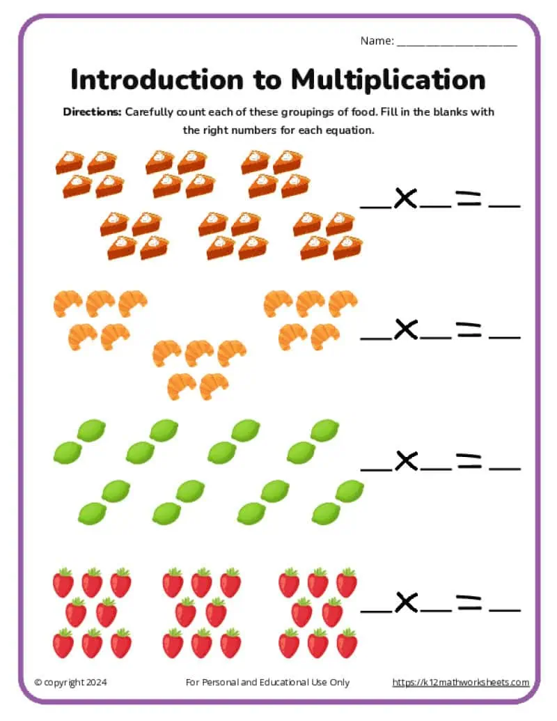 Third grade students practice converting repeated addition problems into multiplication equations with this equal groups worksheet