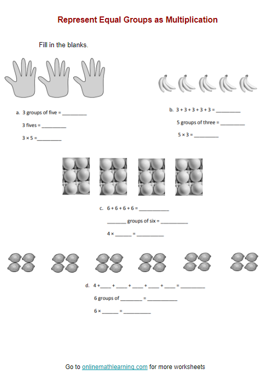 Third grade students using addition and equal groups to understand multiplication concepts on worksheet 15