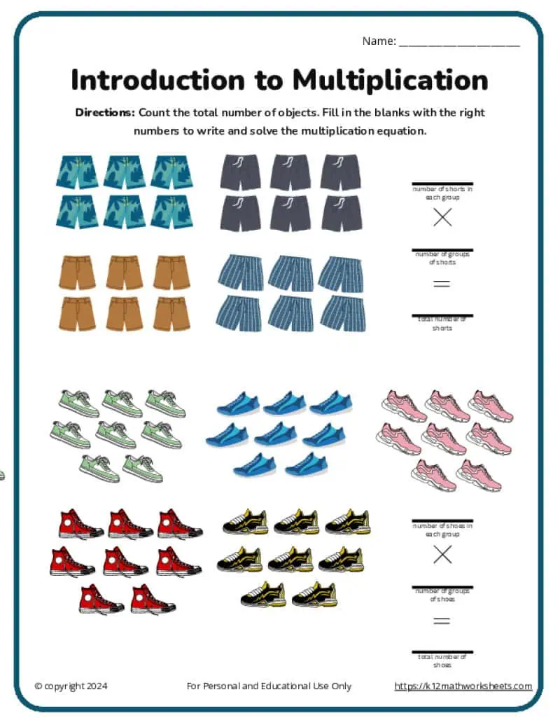 Third grade math worksheet for learning multiplication by counting equal groups