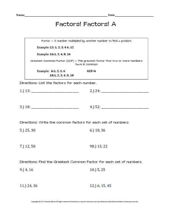 A fourth grade student completes a finding factors worksheet to practice multiplication skills