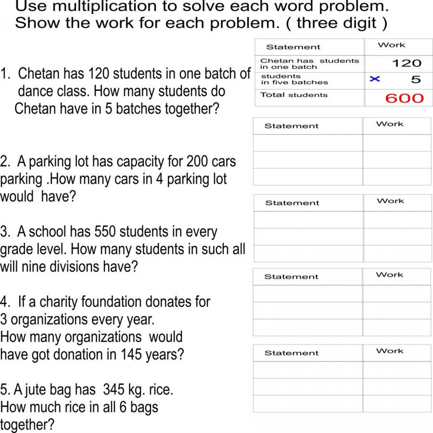 Multiplication Word Problems Check-In worksheet for third graders evaluating problem-solving skills
