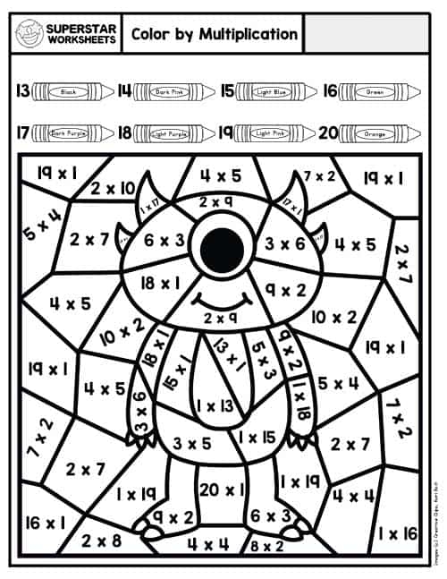 Gumball math activity sheet showing multiplication exercises for elementary students to solve and color in Third grade multiplication color by number worksheet featuring colorful gumballs with math problems and a color key guide
