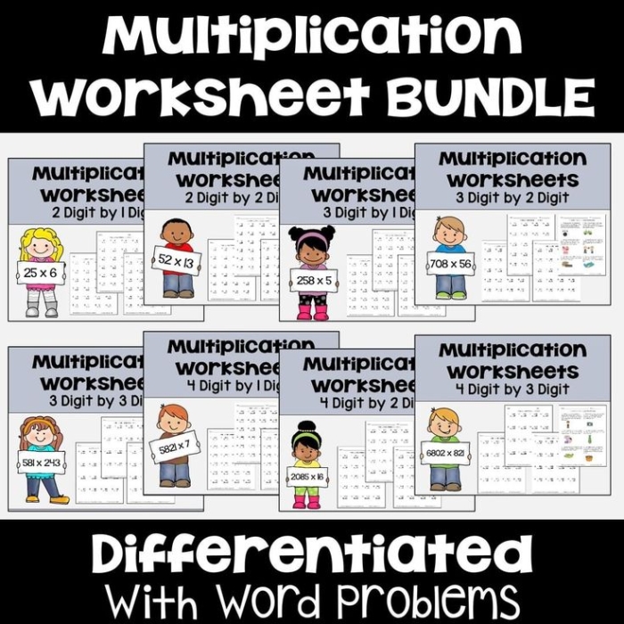 Worksheet featuring multiplication word problems for third graders