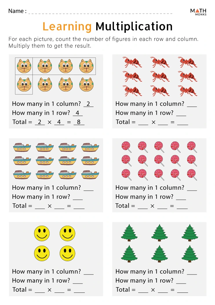 Third grade worksheet for practicing multiplication by grouping equal sets of items