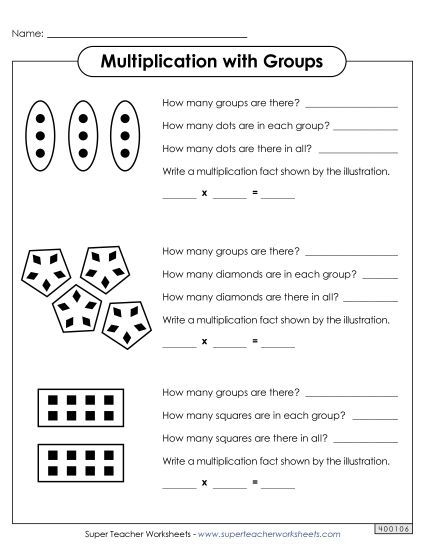 Third grade students learning to multiply by counting equal groups of objects in this addition worksheet