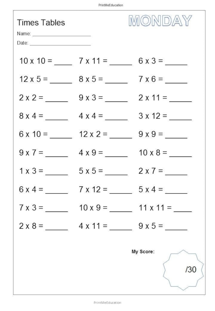 Third grade student multiplication times tables worksheet featuring a ninja and spy theme