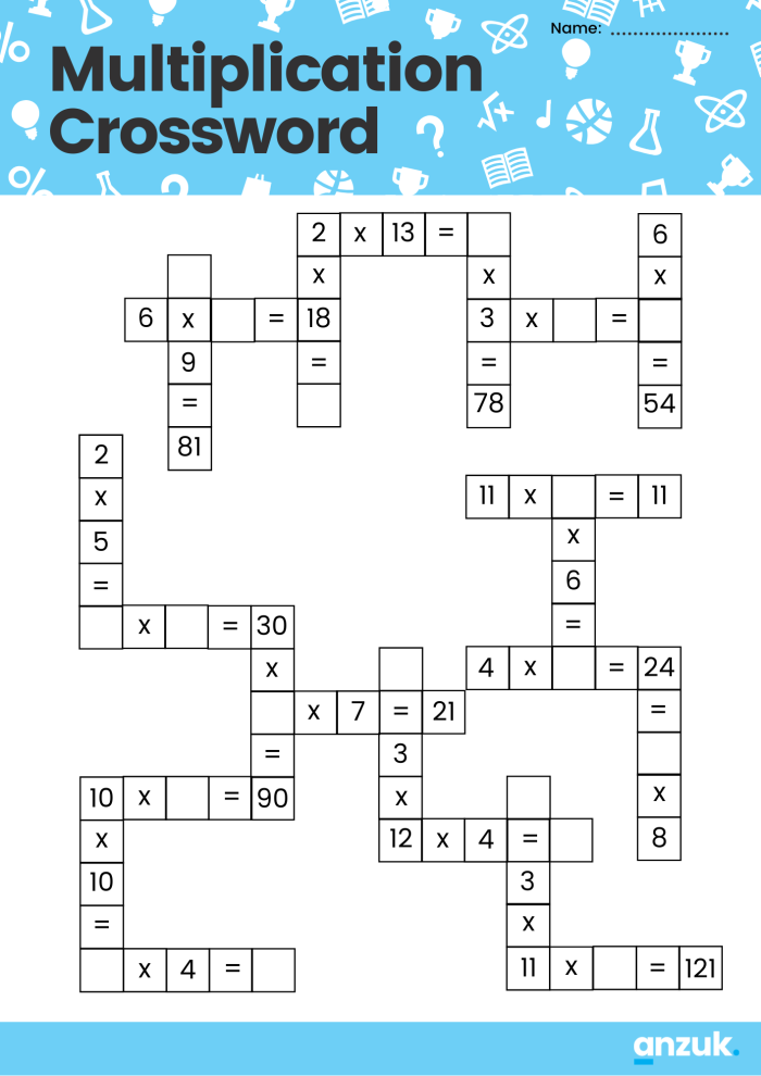 Multiplication crossword puzzle worksheet for fourth graders featuring engaging math equations