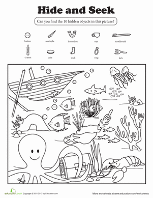 Hide and Seek Multiplication Ocean Adventure Worksheet 21 Kindergarten math worksheet featuring a giant octopus and hidden ocean objects for multiplication practice