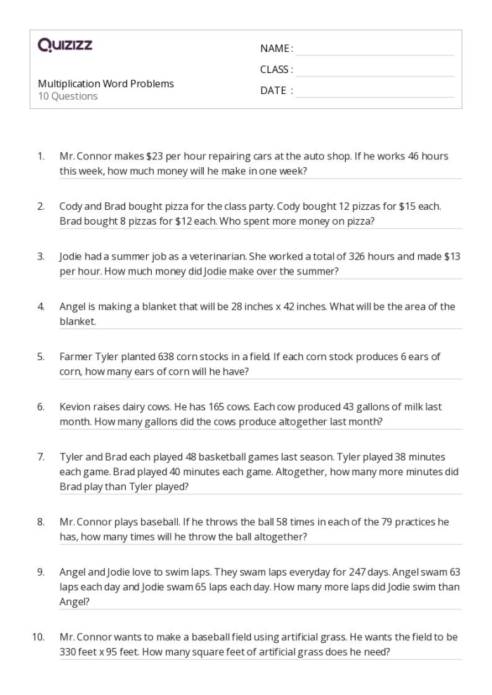 Wild Word Problems: Multiplication worksheet for Fourth Grade