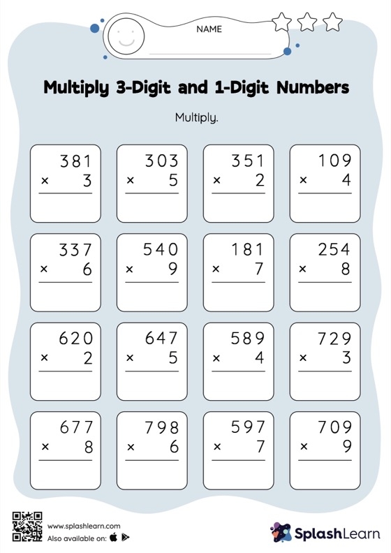 Practice worksheet featuring 3-digit multiplication problems suitable for fourth grade students 3-Digit by 1-Digit Multiplication worksheet for fourth graders to enhance their math skills