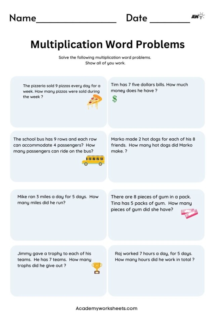 Third grade student solving multiplication word problems on a silly April Fools Day worksheet