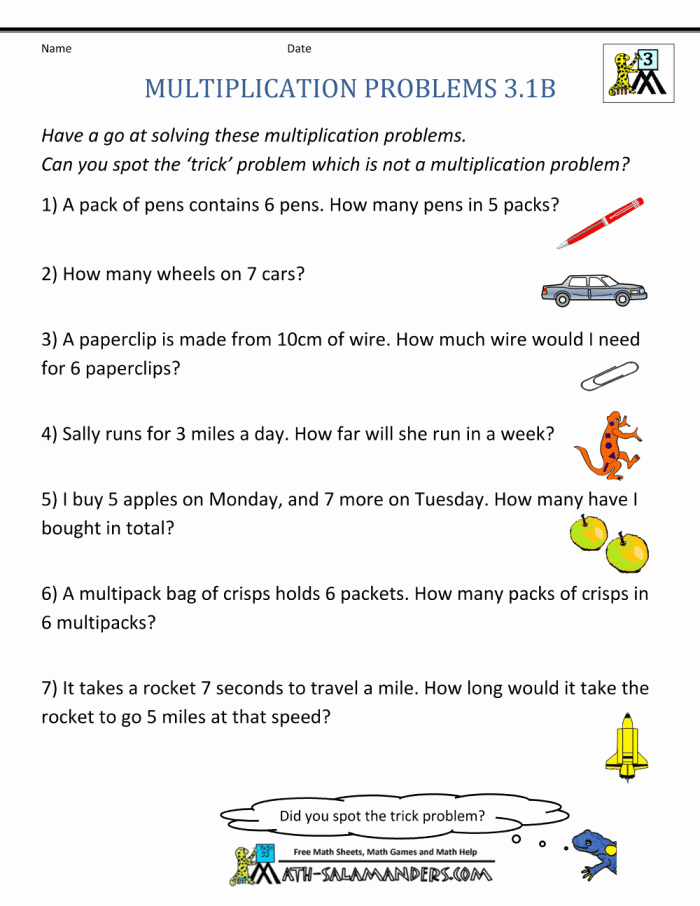Third grade students solving multiplication word problems on a fun worksheet