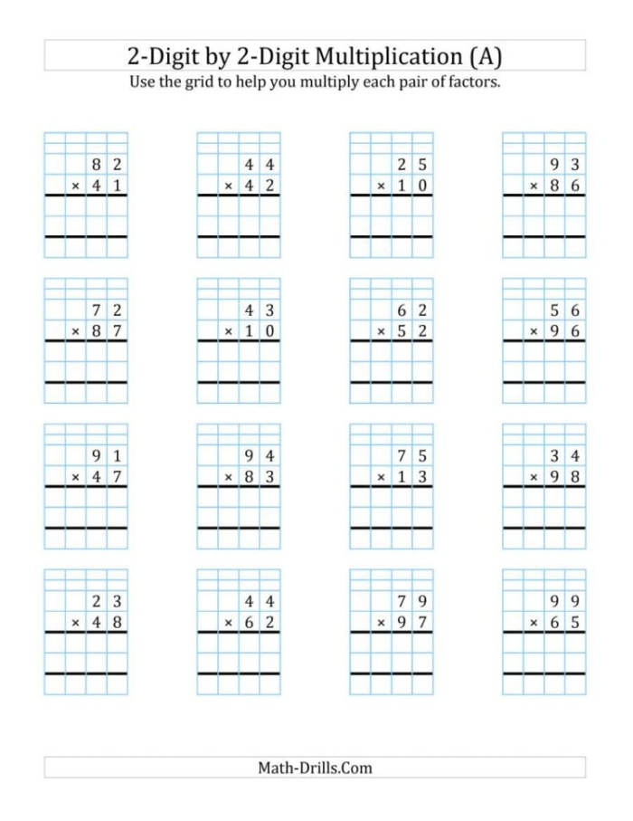 Fourth grade multiplication regrouping worksheet featuring two pages of two-digit math problems