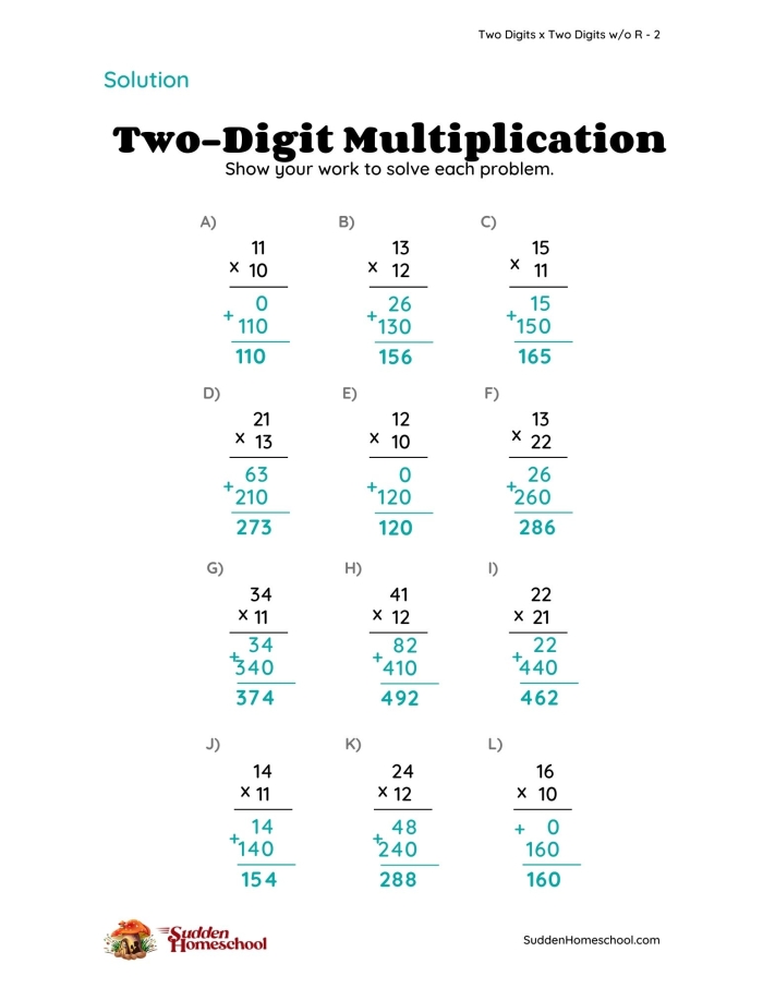 Multiplication regrouping worksheet for fourth graders featuring two-digit problems
