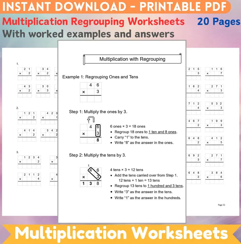Fourth grade multiplication regrouping worksheet featuring two pages of two-digit math problems