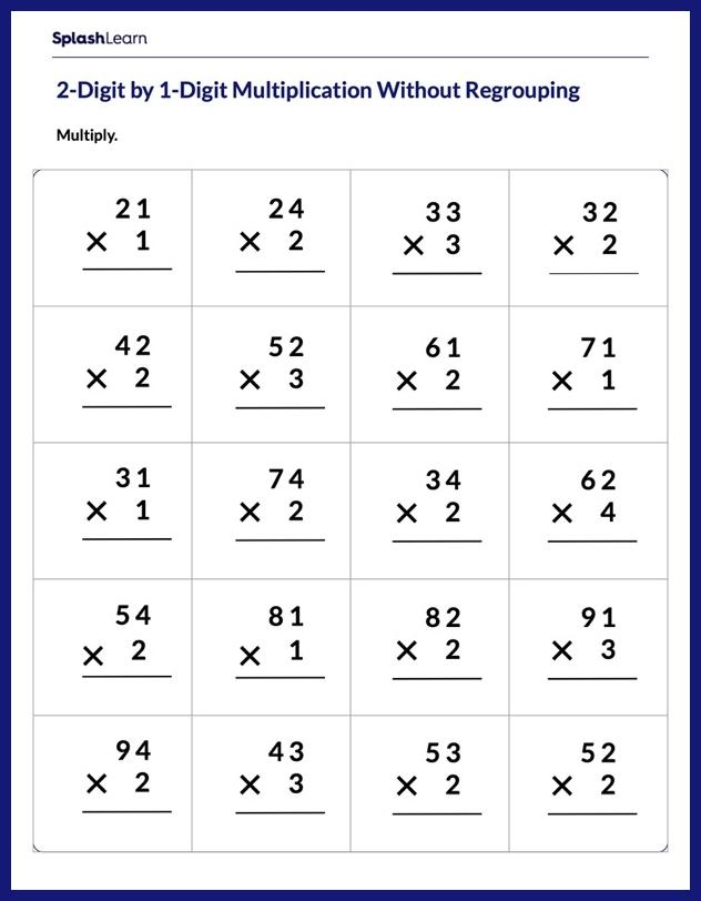 Multiplication with regrouping worksheet featuring over 40 practice problems for fourth graders
