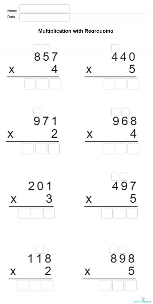 Multiplication regrouping worksheet for fourth graders featuring two-digit problems