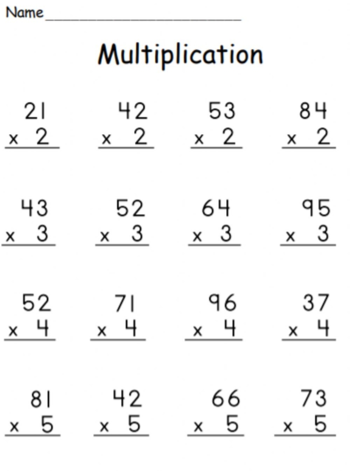 Third-grade multiplication worksheet focusing on 2-digit by 1-digit calculations Kids practicing 2-digit by 1-digit multiplication problems with regrouping on a third-grade worksheet