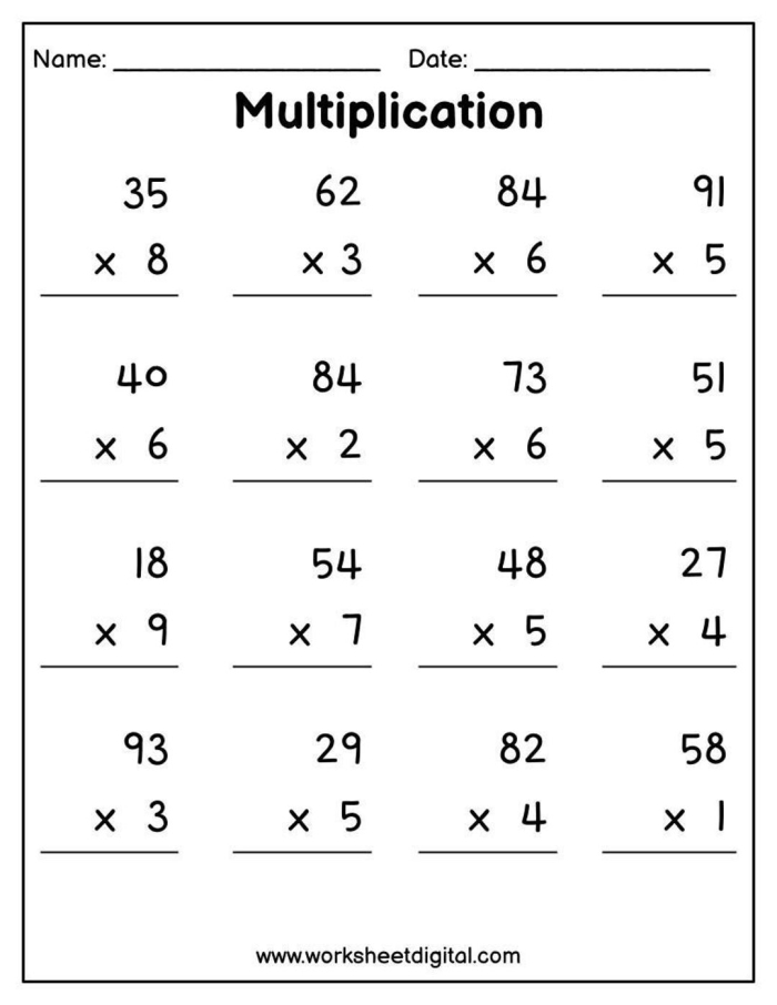 Multiplication Worksheet for Grade 3 Solving 2-Digit by 1-Digit Problems 08 Third grade math worksheet featuring 2-digit by 1-digit multiplication problems with regrouping