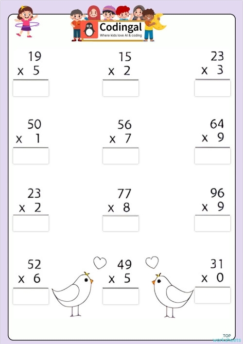 Multiplication regrouping worksheet for fourth graders featuring two-digit problems