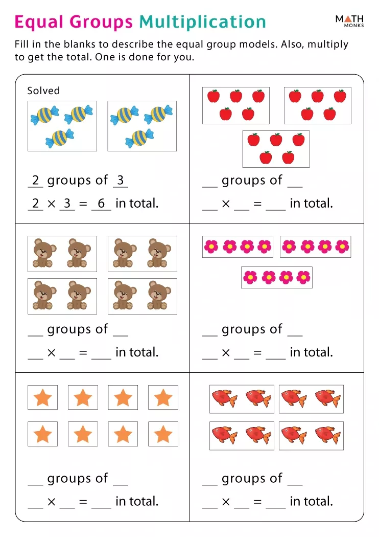 Third grade student completing a worksheet on repeated groups to learn multiplication basics