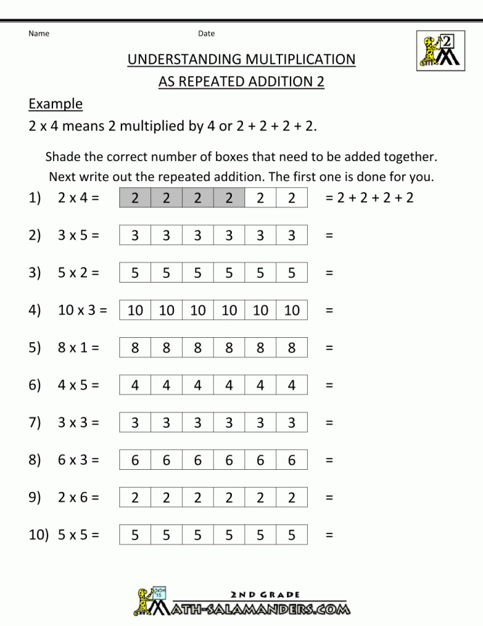 Third grade student completing a math worksheet about repeated groups and multiplication