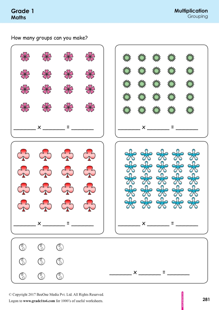 Third grade student filling out a math worksheet on repeated groups for multiplication