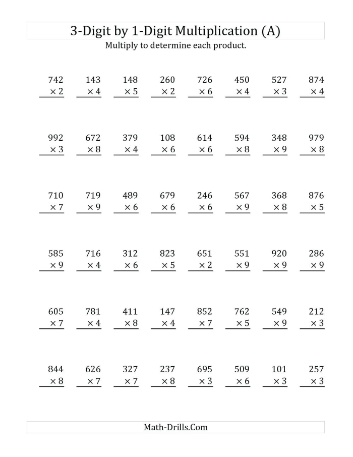 Third grade students solving two-digit by one-digit multiplication problems on a math practice worksheet