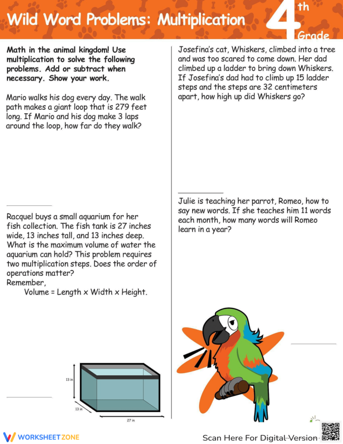 A fourth grade math worksheet featuring animal-themed multiplication word problems