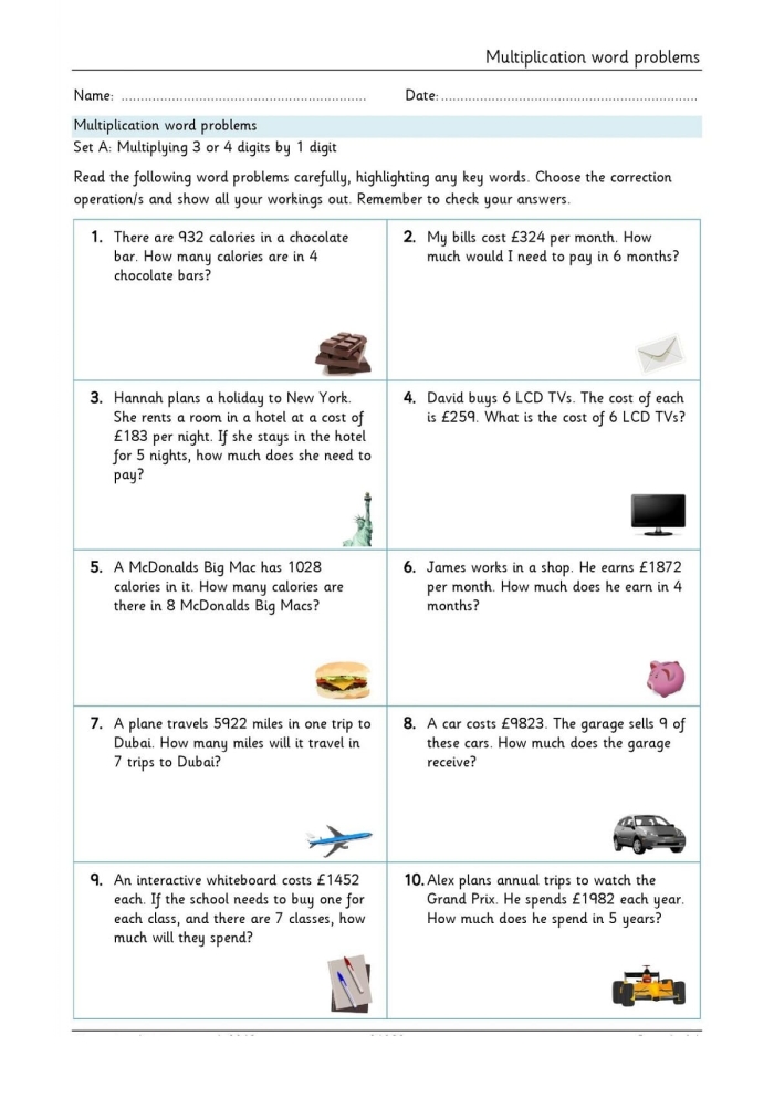 Third grade student working on a Multiplication Word Problems Check-In worksheet