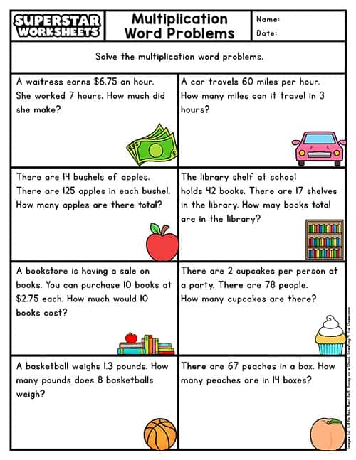 Third grade student solving multiplication word problems on a worksheet