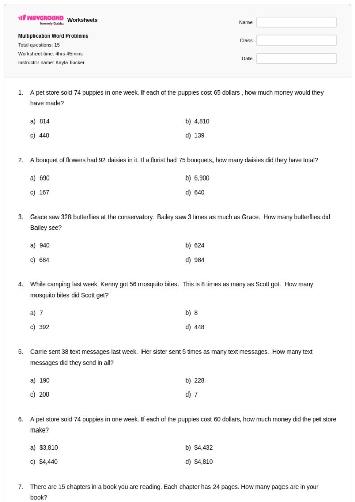 Multiplication word problems worksheet for third graders featuring money scenarios