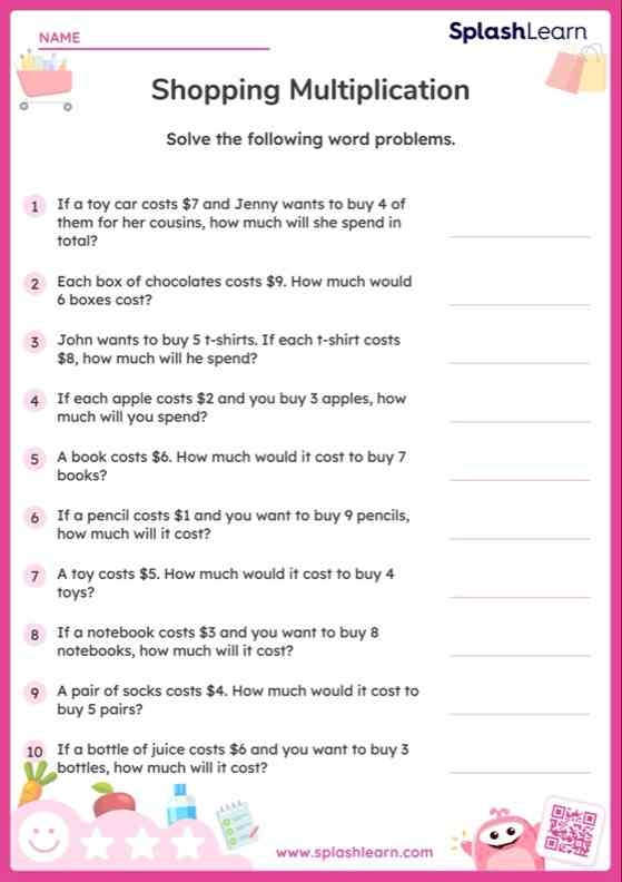 Multiplication word problems worksheet for third graders featuring money scenarios