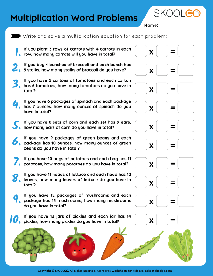 Worksheet featuring multiplication word problems for third graders