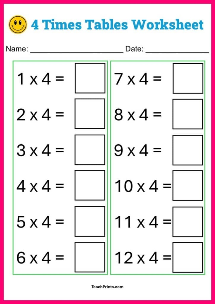 Third grade student practicing multiplication by four on a math worksheet