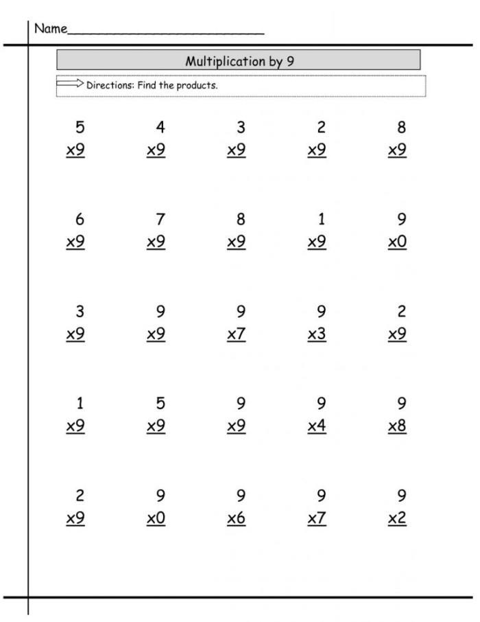 Third grade student completing a worksheet on multiplying by nine facts