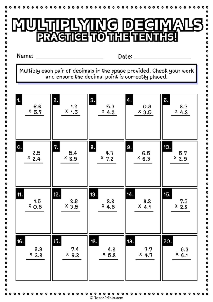 Worksheet for fifth graders on multiplying decimals with problem-solving exercises