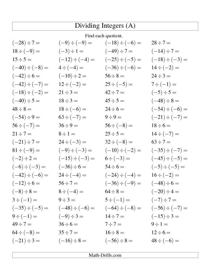 Worksheet featuring exercises on multiplying and dividing integers for seventh graders