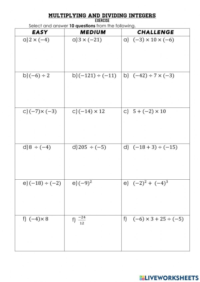 Worksheet featuring exercises on multiplying and dividing integers for seventh graders