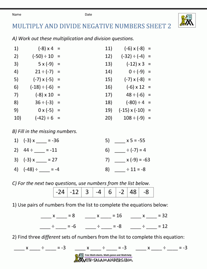 Worksheet for practicing multiplication and division of positive and negative fractions