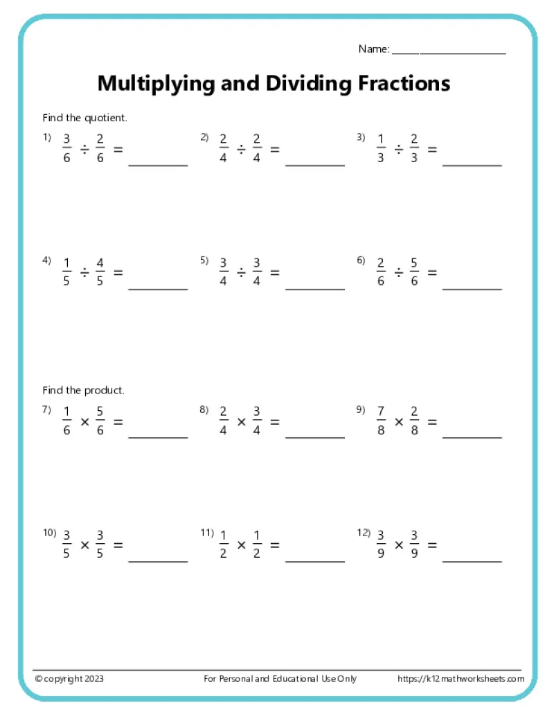 Worksheet for practicing how to multiply fractions in fifth grade