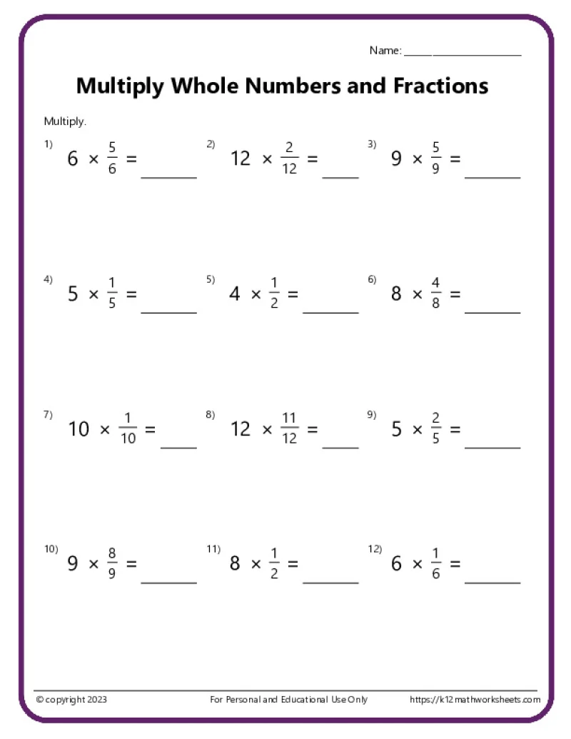 Worksheet featuring examples of multiplying fractions for fifth graders