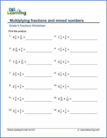 Fifth grade math worksheet demonstrating step by step methods for multiplying fractions