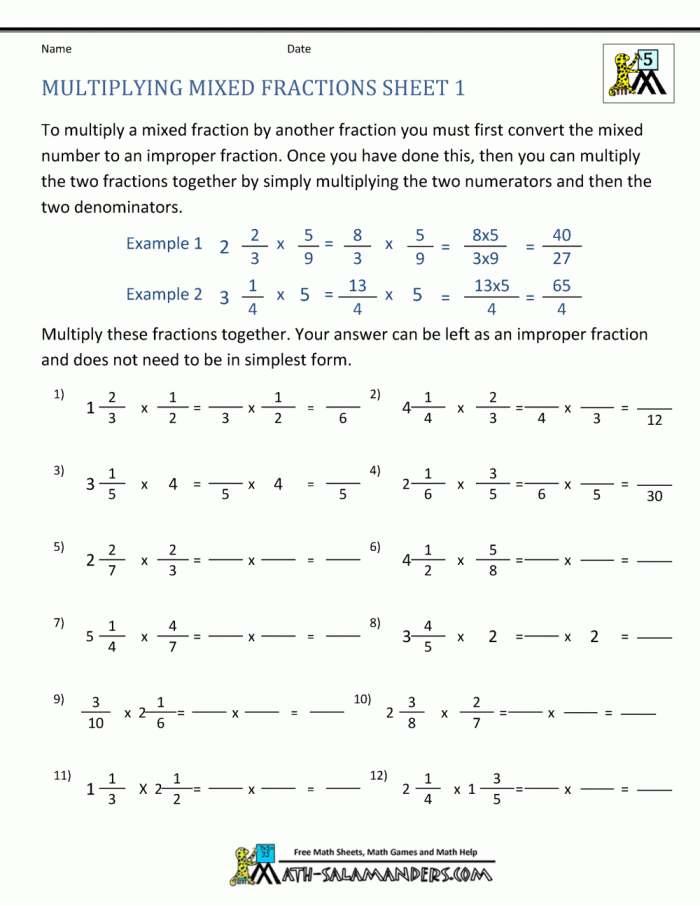 Fifth grade math worksheet showing problems for multiplying mixed numbers by proper fractions with step-by-step solutions