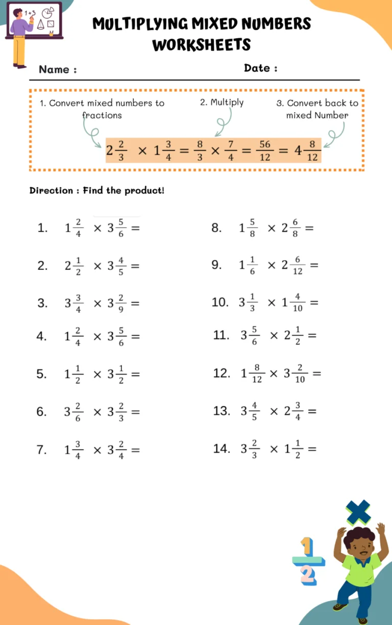 Fifth grade math worksheet featuring step by step problems for multiplying mixed numbers