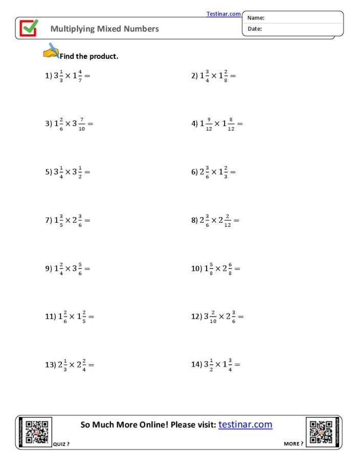 Fifth grade math worksheet showing problems for multiplying mixed numbers together with step-by-step solution examples