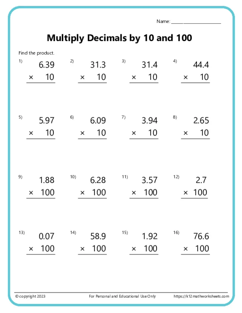 Practice worksheet on multiplying by powers of 10 for fourth graders Worksheet for multiplying numbers by various powers of 10 for fourth-grade students